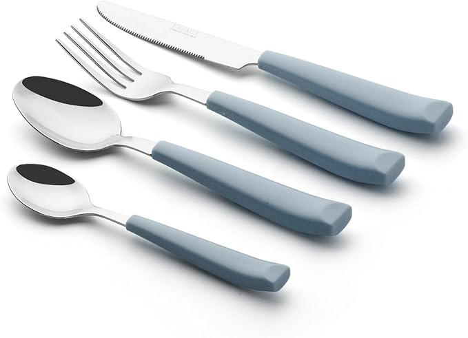 EXZACT 16-Piece Flatware Set for 4 – Colored Stainless Steel Cutlery with Wide Plastic Handles – Comfortable Tableware: Forks, Knives, Spoons, Teaspoons