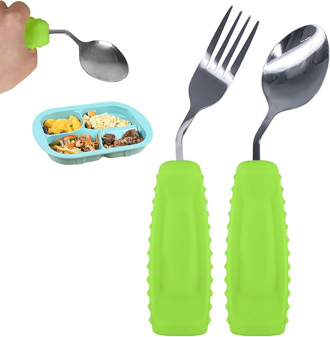 Adaptive Utensils, Weight Utensils for Tremors and Parkinson Patients, Utensil Set Spoon and Fork for Elderly (Left Hand - 1 Set Green Spoon and Fork)