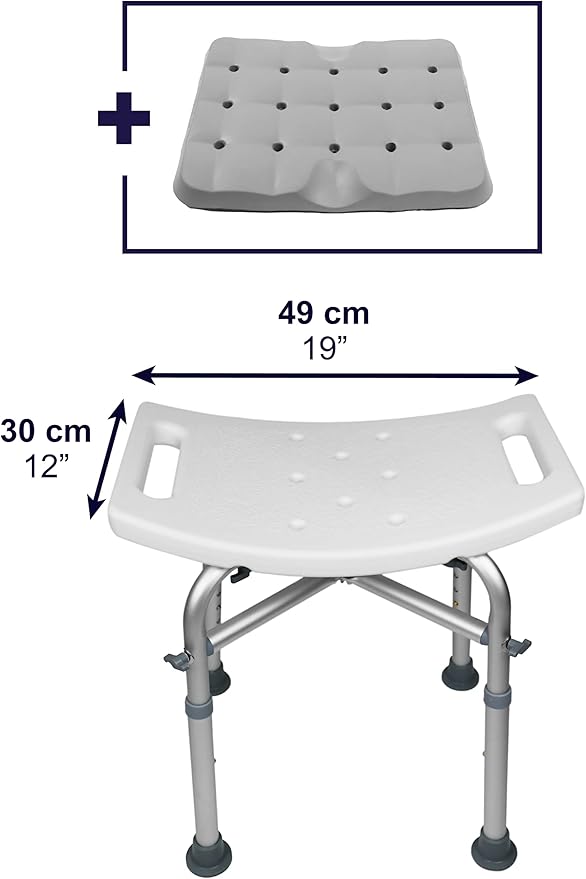 KMINA Shower Stool, Padded with Foam Cushion, Heavy Duty Double Reinforced Crossbar with 6 Height Adjustable, Tool Free, Anti-Slip, Made in Europe
