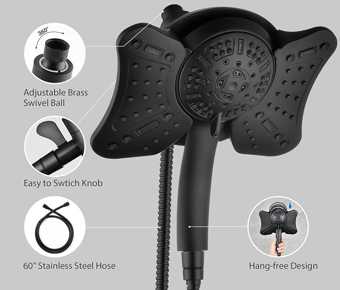 GRICH 1.8GPM Shower Head with Handheld Spray Combo: 2 in 1 Rainfall Shower Heads high pressure & Handheld Shower Head, 9 Spray Modes/Settings Detachable Shower Head with 60 Inch Hose, Black