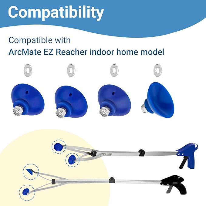 Reacher Replacement Gripper Cups Compatible with Arcmate EZ Grabber Reacher Tool, Food-Grade Indoor Telescopic Grabber Accessories Repair Parts, Heat-Resistant Silicone Cups with Locking Nuts, Blue