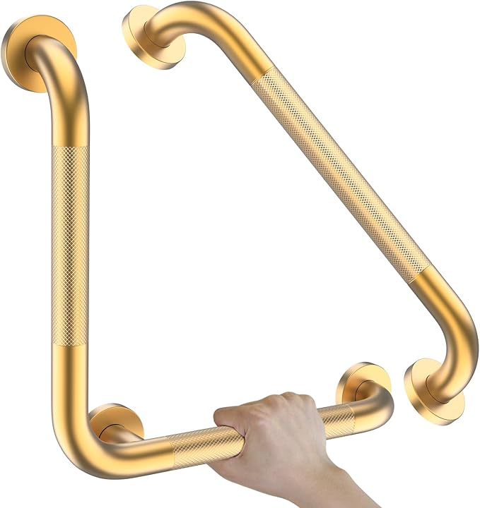 16" Angled Gold Bathroom Grab Bars for Shower with 20" Straight Munzong Toilet Handicap Grab Rail,Anti Slip Stainless Steel Knurled Safety Handle Support Elderly Injury Senior