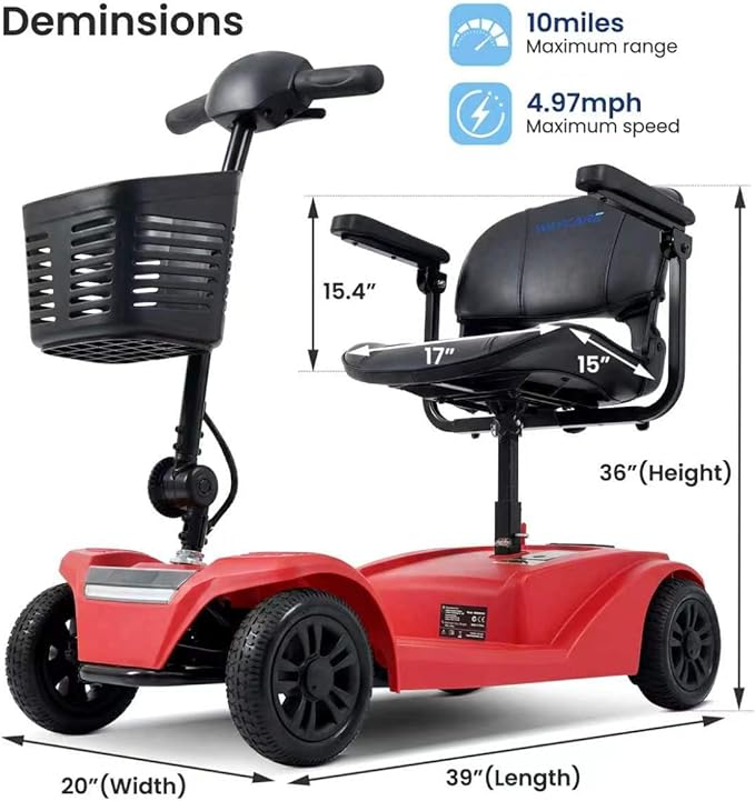 WayCare 15-25 Miles Long Range Mobility Scooter,Weight Capacity 300 LBS+ Powered Mobility Scooters for Seniors, Compact Duty Mobile for Travel with LED Headlight and Detachable Basket(Red)