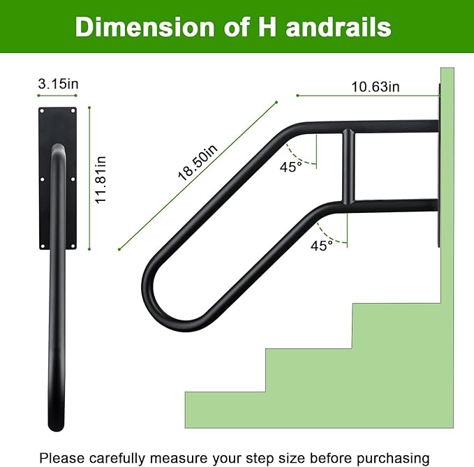 U-Shaped Safety Handrail for Stairs 1-3 Steps, Wall Mounted Handrails Indoor/Outdoor - 530lbs Load, Anti-Slip & Rust-Proof, Elderly & Disabled Assist at Porch, Deck, Bathroom-2pack