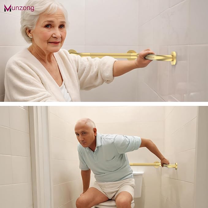 Shower Grab Bar, 16 Inch Angled Munzong Anti Slip Gold Bathroom Grab Bar, L-Shaped Knurled Balance Bar, Safety Hand Rail Support Injury Senior Assist Bath Handle Handicap Elderly