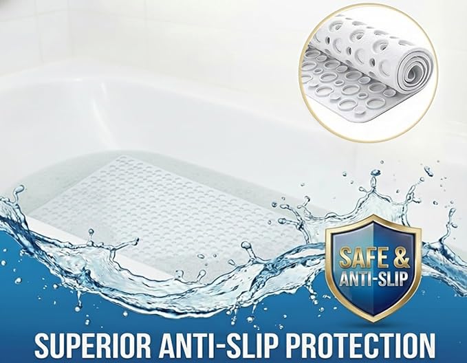Nonslip Bath Tub Shower Mat with Suction Cups, Extra Soft TPE Bath Mat for Kids, Bathtub Bathroom Mats, Machine Washable, Smooth/Non-Textured Tubs Only, 30L x 17W Inch(White)