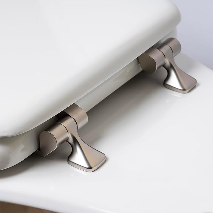 MAYFAIR 1844BNA 000 Toilet Seat with Brushed Nickel Hinges will Never Come Loose, ELONGATE, White - Brushed Nickel (Pack of 2)