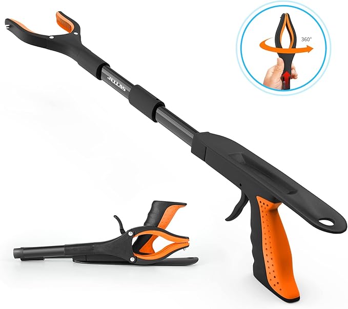 Jellas 2-Pack 32 Inch Grabber Reacher Tool with Magnetic Tip, Reacher Grabber with 360 Degrees Rotating Jaw, Grabber with Shoehorn for Elderly, Trash Picker Tool for Outdoor & Indoor (Orange)