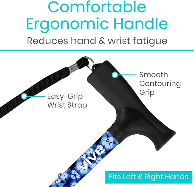 Vive Folding Cane - Foldable Walking Cane for Men, Women - Fold-up, Collapsible, Lightweight, Adjustable, Portable Hand Walking Stick - Balancing Mobility Aid - Sleek, Comfortable