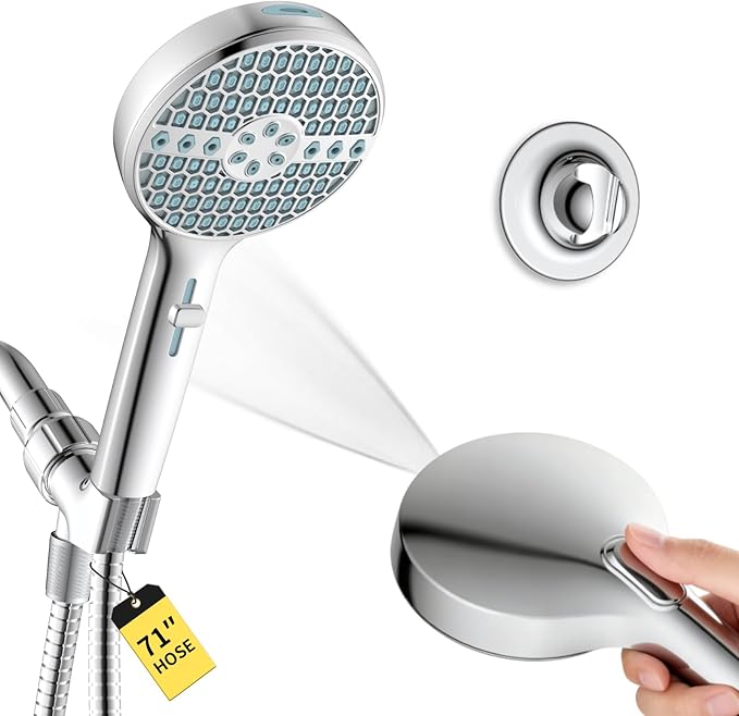 Shower Head with Handheld, 8-Mode High Pressure Shower Head with 71" Extra Long Stainless Steel Hose & Adjustable Bracket, Built-in Power Wash to Clean Tub, Tile & Pets, Chrome Finish