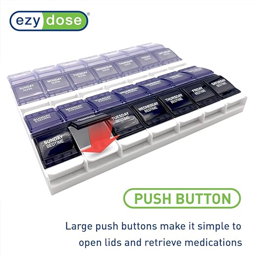 EZY DOSE Weekly (7-Day) Pill Organizer, Vitamin Container, and Daily Medicine Planner, 2X-Large Push Button Compartments, Arthritis Friendly, Easy to Use, 4 Times a Day, Grayscale Lids, BPA Free
