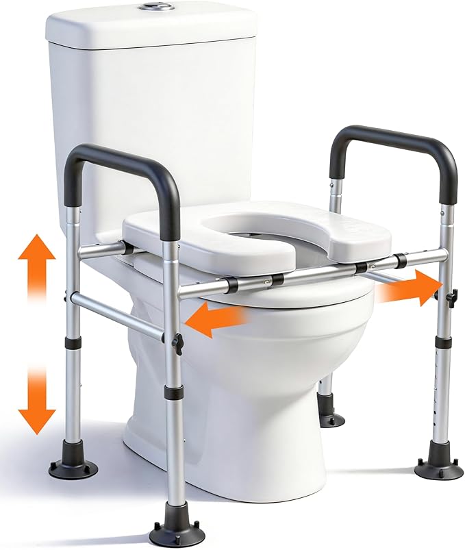 Adjustable Raised Toilet Seat with Handles for Seniors, 400lbs Capacity Elongated Toilet Seat Riser, Elevated Toilet Seat with Soft Cushion & Removable Armrests