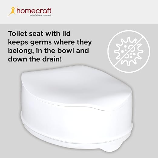 Homecraft Savanah Raised Toilet Seat with Lid, 6" Elevated Seat for Seniors, Universal Fit for Most Standard Toilets, Portable & Tool-Free, Seat Riser, Ergonomic Design, White
