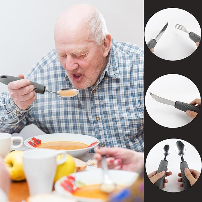 Adaptive Utensil Set - 5Pcs Arthritis Aid Silverware for Parkinson’s and Hand Tremors - Heavy Stainless Steel Spoon with Easy Grip Handle for Shaking Hands