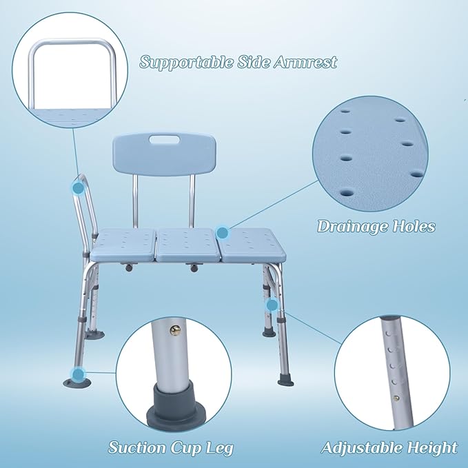 Winado Tub Transfer Bench for Bathtub with Backrest & Armrest, Supports up to 330 lbs Aluminium Alloy Bath Chair, Blue