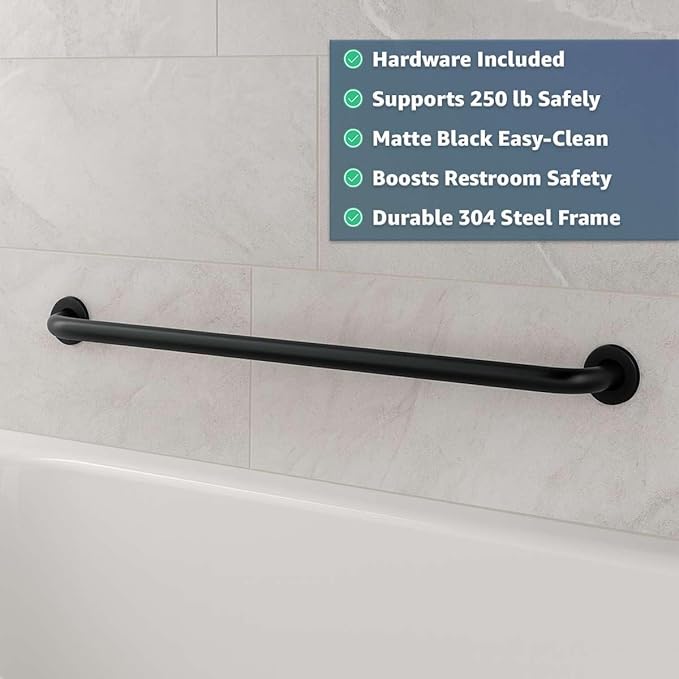 48″ Stainless Steel Matte Black Restroom Grab Bar - Wall Mounted Safety Rail for Toilet and Shower, Commercial Bathroom Support Bar for Elderly, 250 lb Capacity