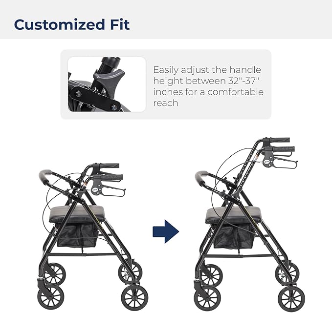 Drive Medical Aluminum Rollator Walker - Fold Up & Removable Back Support - Padded Seat - 6 Inch Wheels - Lightweight Portable Design - Indoor Outdoor Mobility Aid - Black