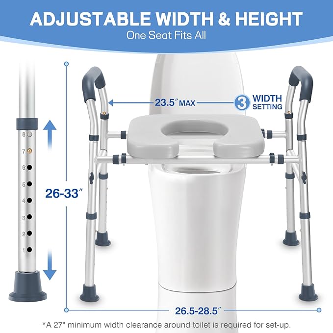Raised Toilet Seat with Handles, Toilet Seat Riser for Seniors with Adjustable Height & Width, Extra Support Bars for Soft Padded Seat Handicap Elevated Toilet Seat for Elderly, Fit Any Toilet