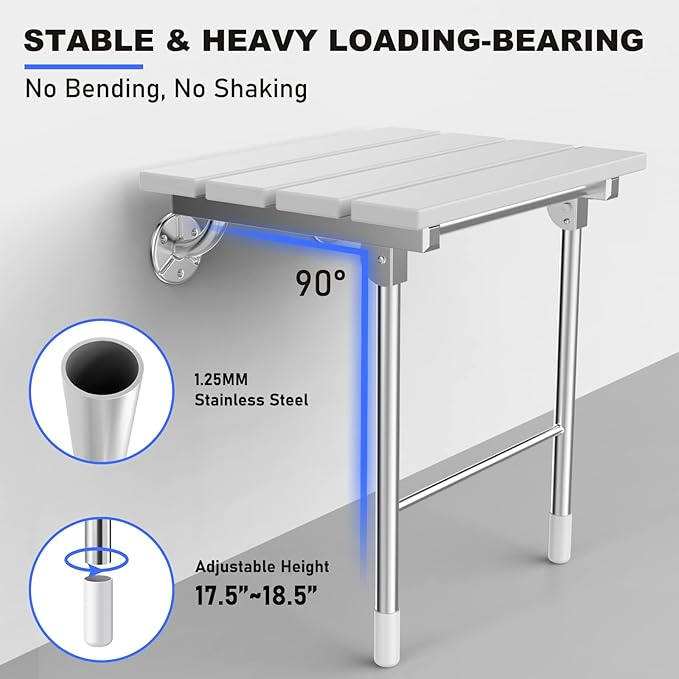 Folding Shower Seat, Wall Mounted Bathroom Safety Stool Chair with Support Legs, Foldable Wall Wood Shower Bench for Seniors (White)