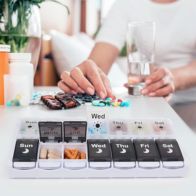 HRX Package Pill Organizer 2 Times a Day, Easy Fill & Open Weekly Medicine Box Vitamin Cases for 7 Day AM PM