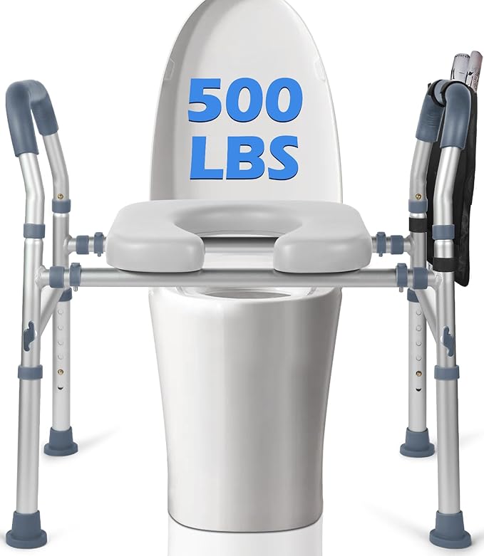 Raised Toilet Seat with Handles, Toilet Seat Riser for Seniors with Adjustable Height & Width, Extra Support Bars for Soft Padded Seat Handicap Elevated Toilet Seat for Elderly, Fit Any Toilet