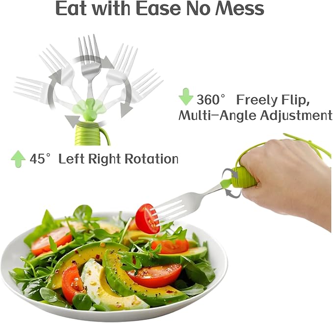 2PK Weighted Spoon & Fork Set - Lime Green Hollow Silicone Grip with Secure Strap, 45° Adjustable for Left/Right Handed, Fillable Weight Up to 7 Oz, for Hand Tremors Parkinson’s Elderly