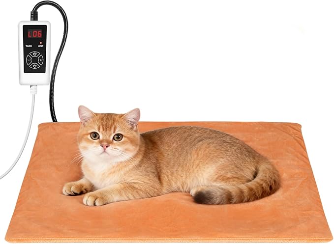 RIOGOO Pet Heating Pad, Electric Heating Pad for Dogs and Cats with Timer, 6 Level Adjustable Temperature Dog Heated Blanket (Brown, S: 20‘’x15‘’)