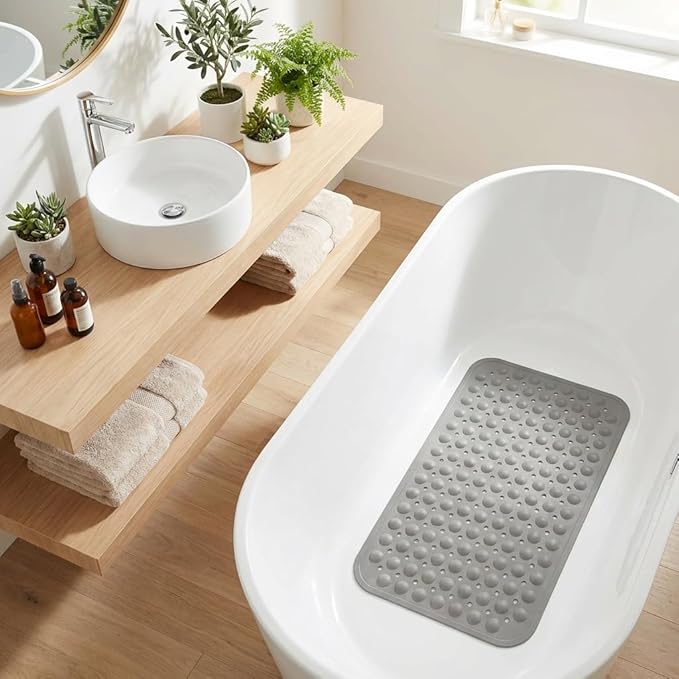 Minimalist TPE Bathtub Mat Non Slip for Tub & Shower, Bath Mat with Strong Suction Cups, Soft Comfortable Shower Mat, Quick Drain Holes, Machine Washable, Large Light Grey Mats, 27.5’’ x 16’’
