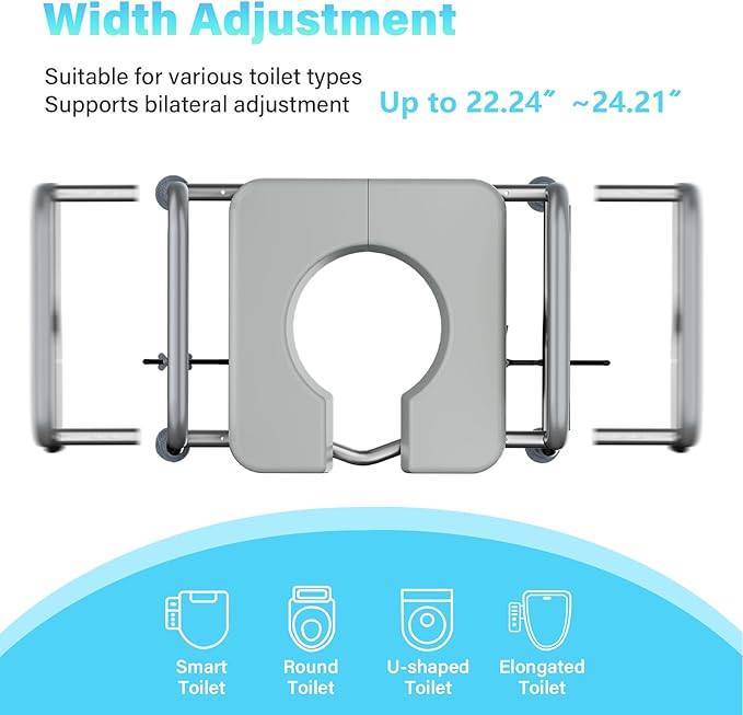 400lb Toilet Seat Riser for Seniors, Handicap Elevated Raised Toilet Seat with Handles, Adjustable Height & Width for Elderly, Pregnant, Fit Any Toilet