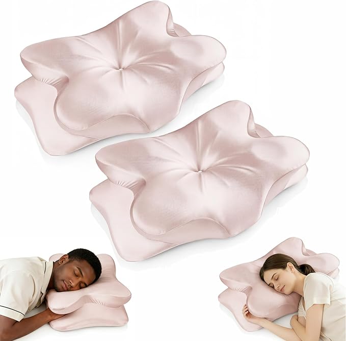 2-Pack Cervical Neck Pillow for Neck Pain Relief,Ergonomic Memory Foam Contour Pillow with Wrinkle-Resistant Silky Satin Fabric Cover,Orthopedic Bed Pillow for Side,Back,Stomach Sleepers,Pink