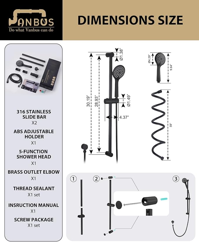 Handheld Shower Head with Adjustable 30-Inch Shower Slide Bar and 59-Inch Hose, 5-Function 3.2GPM High Pressure Handheld Shower Head with Drop Ell and Holder, Matte Black