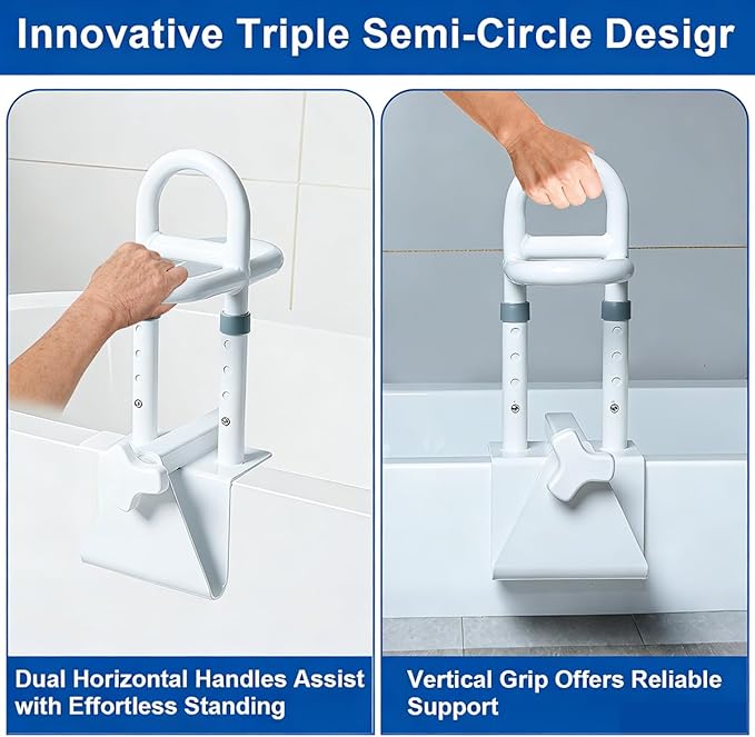 Adjustable Bathtub Safety Rail with Double Grip - Secure Tub Grab Bars for Seniors and Elderly, Fits 3" to 7" Wide Flat Tub Walls, Tool-Free Clamp On Bathroom Support Handle