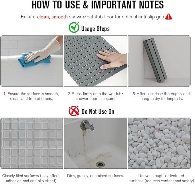 MBOSS Bathtub Mat Non Slip, Shower Mat for Inside Shower, Suction Cups Design and Drain Holes, 27.5 X 15.7 Inch, Bathroom Essentials Safe, Easy to DIY Cut, Soft and Eco-Friendly Materials