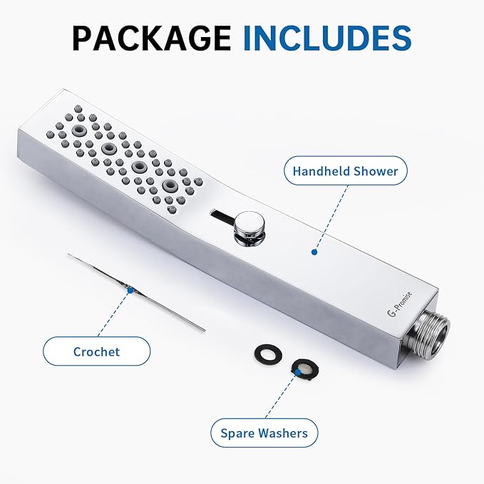 G-Promise All Metal Square 3 Function Handheld Shower Head, Easy and Quick Switch to Massage Mode, Bathroom Shower Wand Design Exquisite Luxury, 2.5 GPM, Chrome
