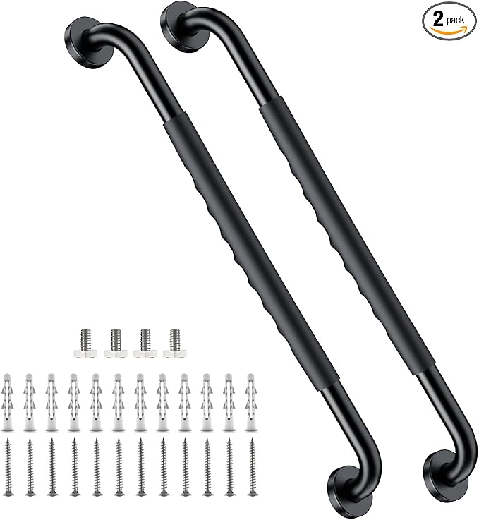 2 Pack 24 Inch Black Shower Grab Bar w/Anti Slip Rubber Grip,ZUEXT Stainless Steel Bath Grab Bar,Bathroom Balance Bar,Wall Mount Safety Handrail Support,Handicap Injury Elderly Senior Assist Handle