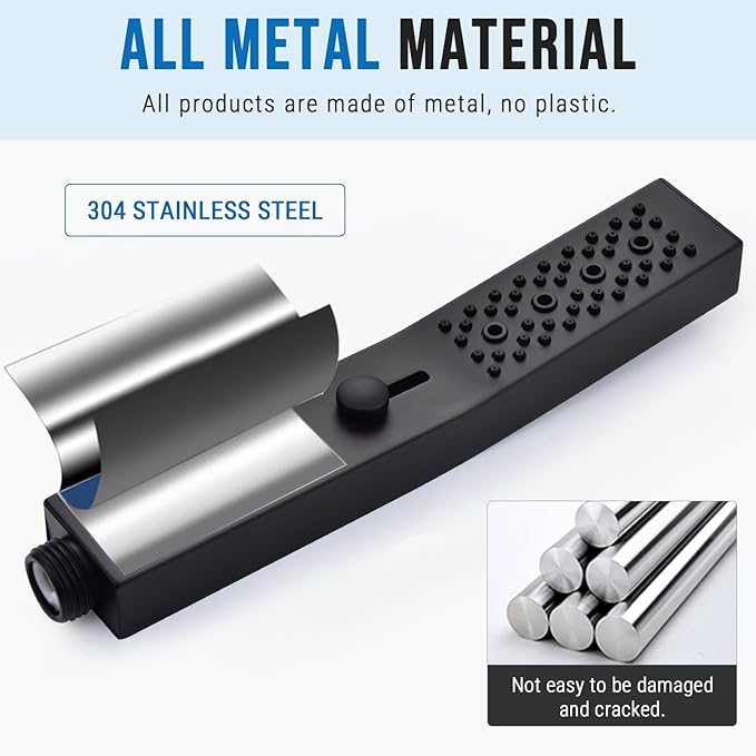 G-Promise All Metal Square 3 Function Handheld Shower Head, Easy and Quick Switch to Massage Mode, Bathroom Shower Wand Design Exquisite Luxury, 2.5 GPM, Matte Black