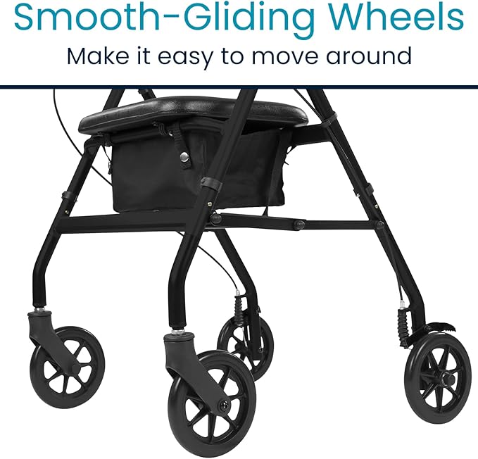 Vive Ultra Lightweight Rollator Walker with Seat - Foldable, Narrow, Rolling Senior Walker for Small Spaces - 4 Wheel Aluminum Adult Easy Drive Aid with Underseat Accessory