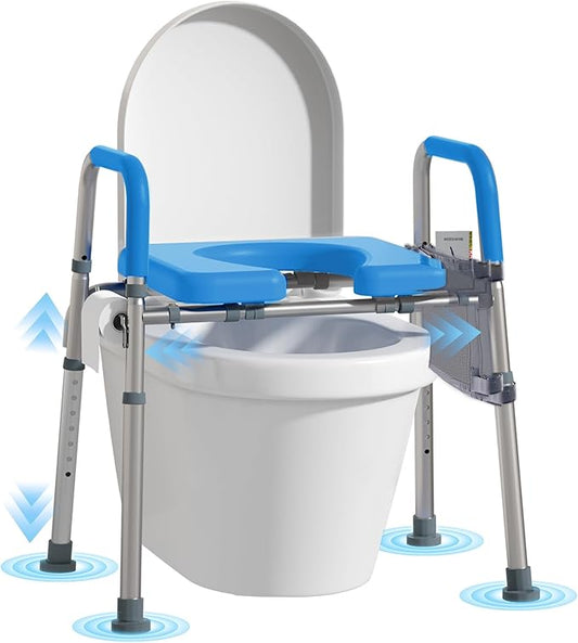 WHLICKS 500lbs Toilet Seat Risers with Handles, Padded Raised Toilet Seat for Seniors, Adjustable Height Toilet Riser, Handicap Elevated Seat, Fit Any Toilet, Blue