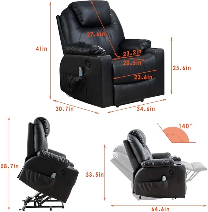 BestMassage Electric Power Lift Chair Recliner Sofa for Elderly Massage Chair, Adjustable Furniture with Vibration Massage and Lumbar Heated,Remote Control,USB Ports for Living Room (Black, Leather)