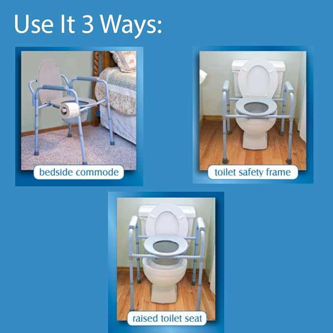 Carex 3-in-1 Folding Bedside Commode and Raised Toilet Seat, Portable Toilet Supports Up to 300lbs, Bedside Commodes for Seniors, Adult Potty Chair with Bucket, Lid, and Splash Guard