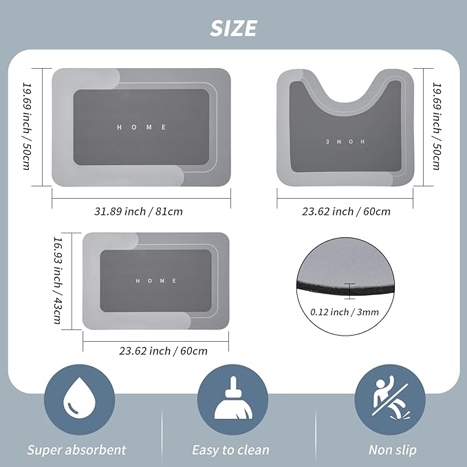 Housego 3PCS Absorbent Bath Mat Magic Rug Sets, Quick Drying Bath Mat Non-Slip Floor Rug Rubber Backed for Bathroom Kitchen Shower Sink (16.9''x23.6''+19.7''x23.6''+19.7''x31.9'', Dark Gray)