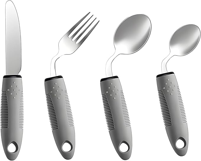 4Pcs Weighted Adaptive Utensils 42° Angled Parkinsons Utensils, Weighted Utensils for Hand Tremors and Parkinsons Patients, Arthritis Silverware for Elderly & Seniors (Left-Hand-Grey)