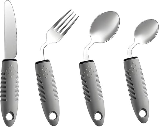 4Pcs Weighted Adaptive Utensils 42° Angled Parkinsons Utensils, Weighted Utensils for Hand Tremors and Parkinsons Patients, Arthritis Silverware for Elderly & Seniors (Left-Hand-Grey)