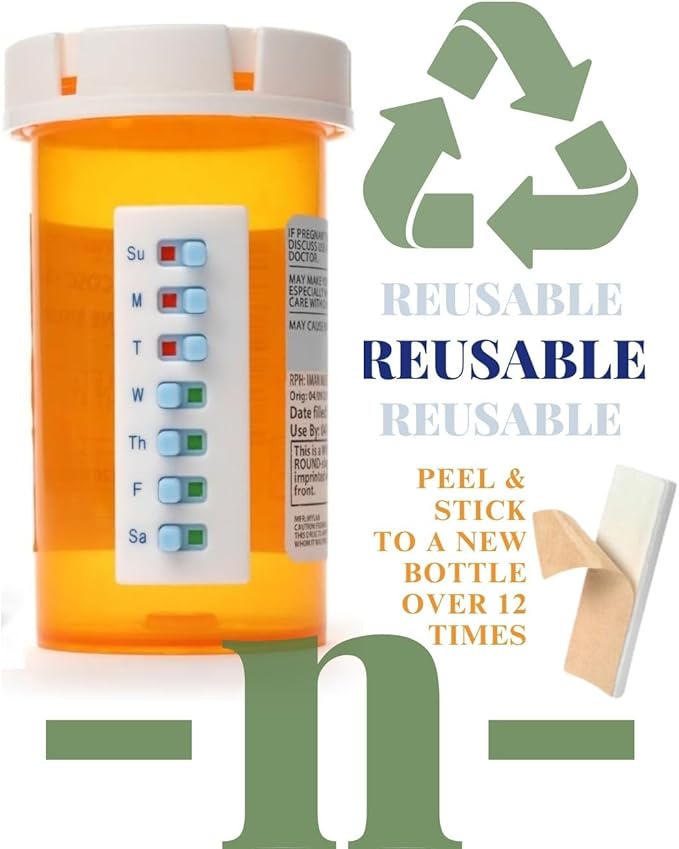 TAKE-N-SLIDE Peel and Stick Reusable for 12 + Refills, Pill/Medication/Vitamin/Pet Med Tracker & Reminder, Attach to Your Bottle, Organizer-Free, Curved‑Back (Blue, 5-Pack)