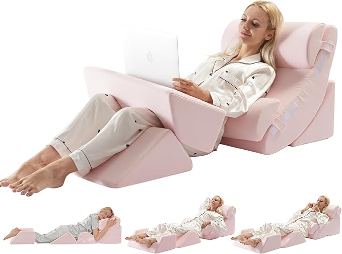 WSOFRLAC 6PCS Multi-Functional Bed Wedge Pillow Kit - 7-in-1 Orthopedic Support for Back/Neck/Legs, Post Surgery Recovery & Sitting Up in Bed, Post Surgery Foam for Body, Pink