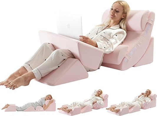 WSOFRLAC 6PCS Multi-Functional Bed Wedge Pillow Kit - 7-in-1 Orthopedic Support for Back/Neck/Legs, Post Surgery Recovery & Sitting Up in Bed, Post Surgery Foam for Body, Pink