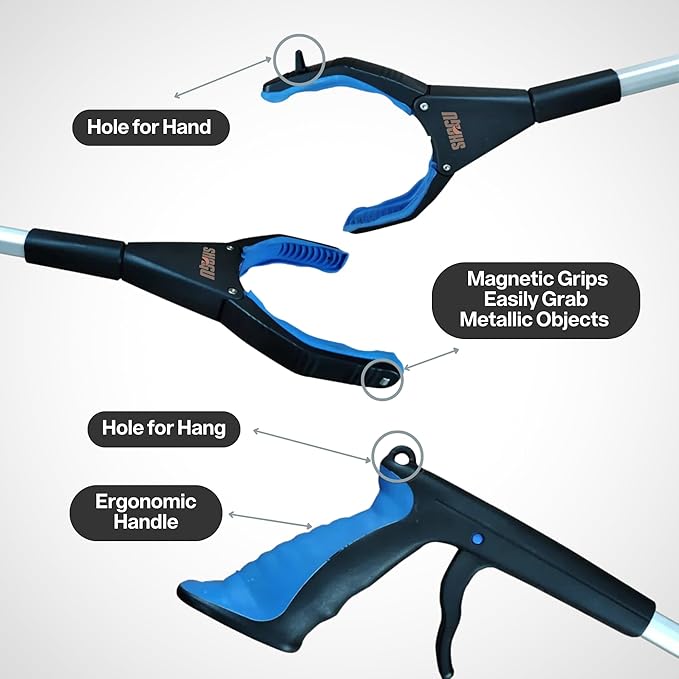 Long Shoe Horn, Grabber Reacher Tool, Sock Aid Device, and Sock Puller Aid Bundle by Shagu. Helpful Compression Sock Aid Device, Sock Puller Aid Easy On and Off, Long Shoehorn, and Trash Grabber Tool.