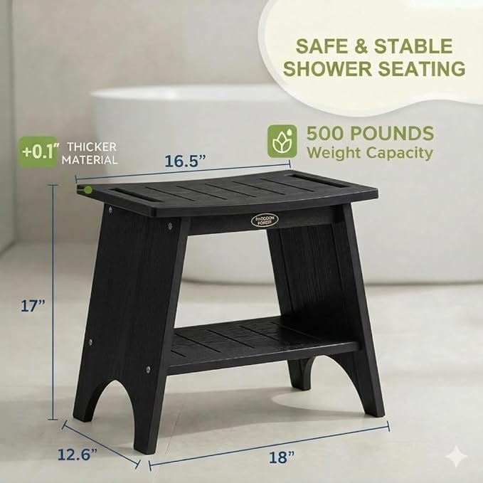 HDPS Shower Benches for Inside Shower, 17" Height Waterproof Bath Stool with 2-Tier Storage Shelf, Heavy Duty Spa Seat for Shaving Legs, Seniors & Adults, Wood-Like Texture, Black