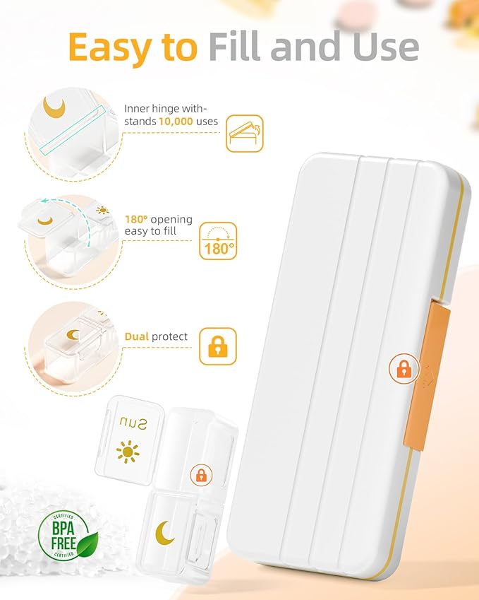 AM PM Pill Organizer 2 Times A Day, 7 Day Pill Box Weekly Pill Organizer Travel with Separate Container, Portable Daily Medicine Planner Dispenser Case for Vitamin, Fish Oils, Supplements（Beige）