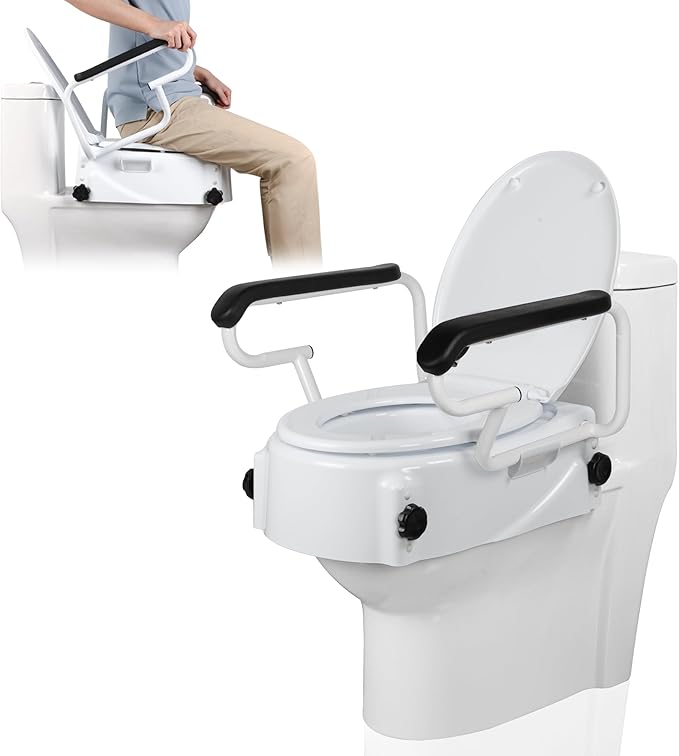 Raised Toilet Seat for Seniors with Flip-up Handles, 5.9" Adjustable Toilet Seat Riser Elevated Medical Supplies & Equipment for Handicap, Elderly, Hip Replacement After Surgery